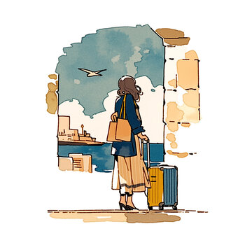 旅行と移動をテーマにした人物と荷物の手描きイラスト