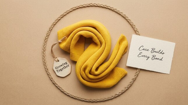 Vibrant yellow knitted fabric rests inside a rustic rope circle on neutral beige background with motivational tags, showcasing emotional connection and warmth for various social and lifestyle themes..
