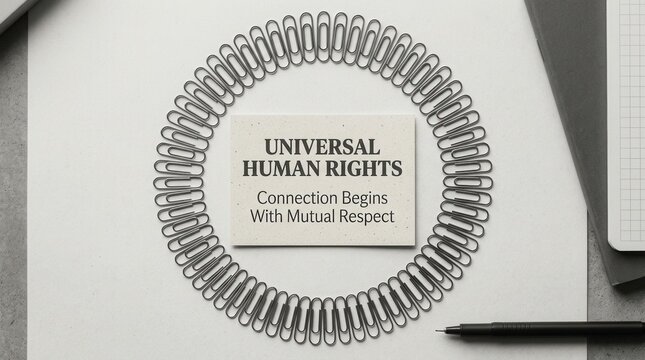 Universal human rights message card surrounded by a circular paperclip chain on a white desk with pen and notebook symbolizes global unity and mutual respect in a professional office for social issues