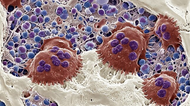 False color scanning electron micrograph of cells interacting with bacteria.