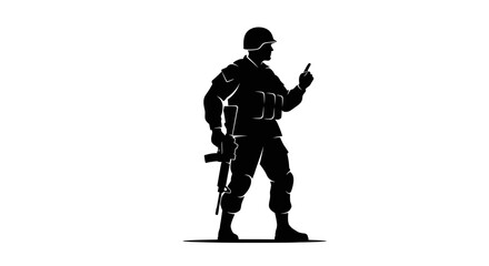 Obraz premium Black silhouette of a soldier standing with a rifle and pointing a finger.