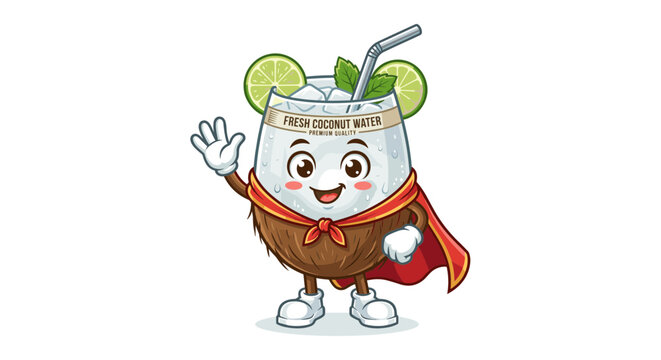 Happy coconut water drink mascot waves superhero cape with lime garnish and straw