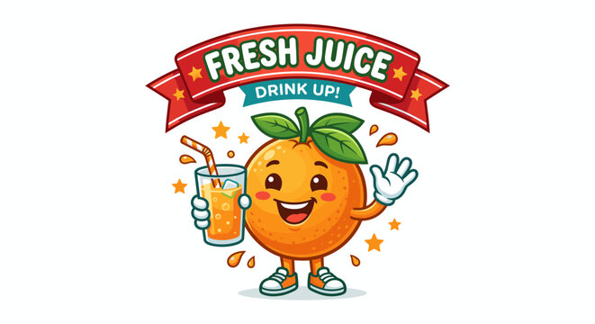 Happy orange character holding fresh juice glass and waving with stars around