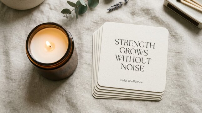 Aesthetic wellness affirmation cards displaying strength grows without noise quote beside a burning scented candle on natural linen. Ideal for mental health awareness and self care content projects