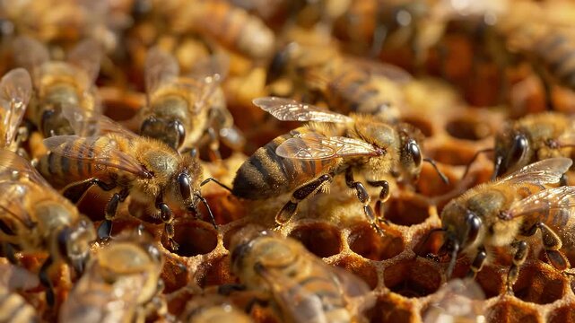 Honeybees crawling and working over golden honeycomb cells in a hive