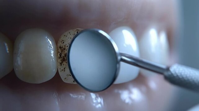 Close-up of teeth with plaque stains and dental mirror