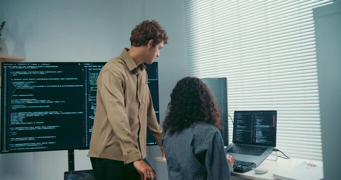 Diverse team software developer discuss AI coding and project strategy at office. Creative startup group brainstorming, Mentor code review training, Digital communication innovation strategy concept.