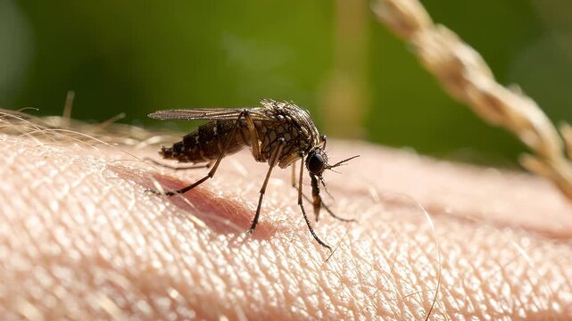 Mosquito biting human skin in macro view outdoors