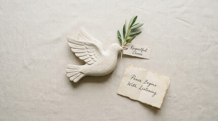 Naklejka premium Detailed white ceramic dove figurine carrying an olive branch with a respectful choice tag next to a paper note stating peace begins with listening on a textured linen background for harmony concepts.
