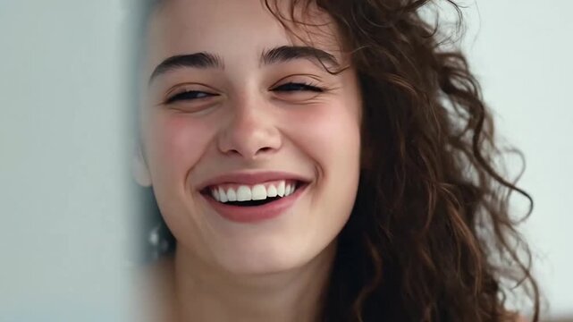 Happy young woman laughing heartily with curly hair.