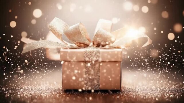 Elegant gift box with sparkling lights and gold ribbon celebrating special occasions