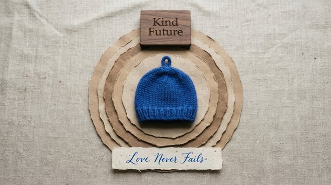 Charming blue knitted infant hat rests on layered paper circles with wooden block and inspirational message on rustic linen fabric. Ideal for showcasing hope and kindness for new generations today.