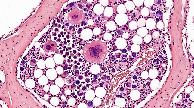 Histology section of human bone marrow showing megakaryocytes and cells