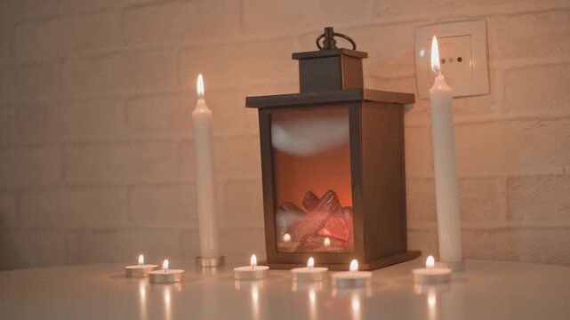 Metal lantern glows beside tealight candles and white taper candles on glossy tabletop, warm light and soft reflections creating cozy interior mood against brick wall, with lantern, candle, tealight
