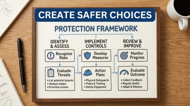 Comprehensive protection framework infographic displayed on a wooden office desk next to a pen and coffee cup, illustrating strategic steps for risk assessment and safety management in all workplaces.