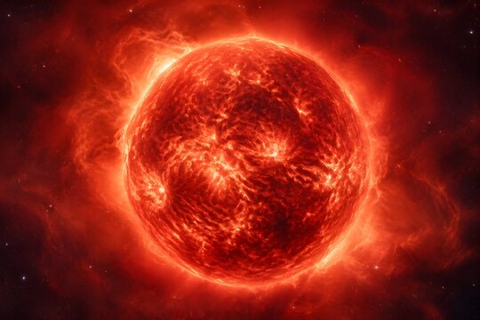 Red Supergiant Star Glowing Intensely Before Explosion with Turbulent Surface and Surrounding Stellar Dust Background