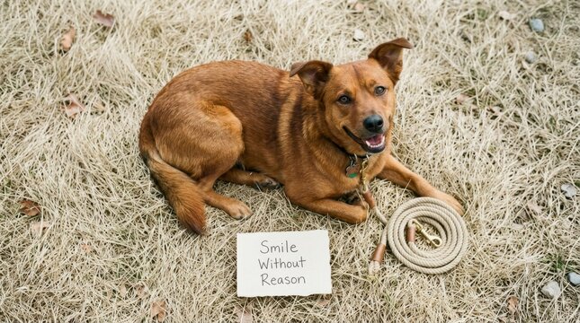 Happy brown dog lying on dry grass next to a smile without reason sign and a coiled rope leash, showcasing pet happiness and positive inspiration for animal lovers and veterinary health clinic themes.