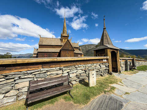 Stone churchyard wall and gate at Lom stave church, Norway