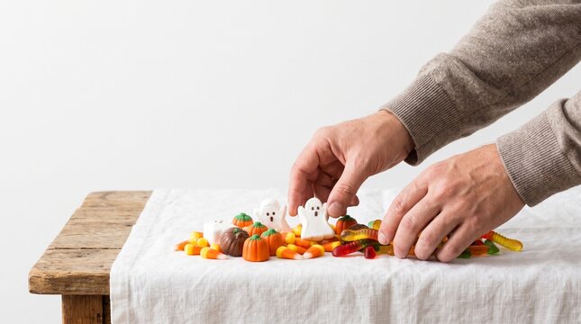 Hands arranging Halloween candy on a white tablecloth. A variety of colorful candies, including ghost shapes and pumpkins, are scattered on the surface, ready for trick-or-treaters