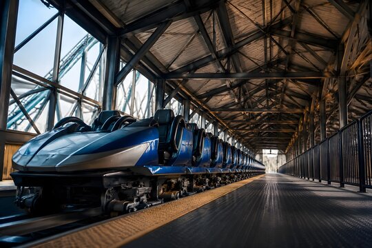 Roller Coaster Cars Queue Inside Empty Loading Platform With Generic Styling and Dramatic Structural Geometry