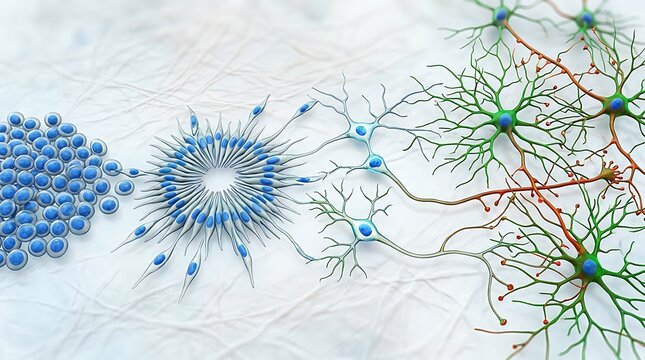 Microscopic 3D illustration of stem cell differentiation into neurons