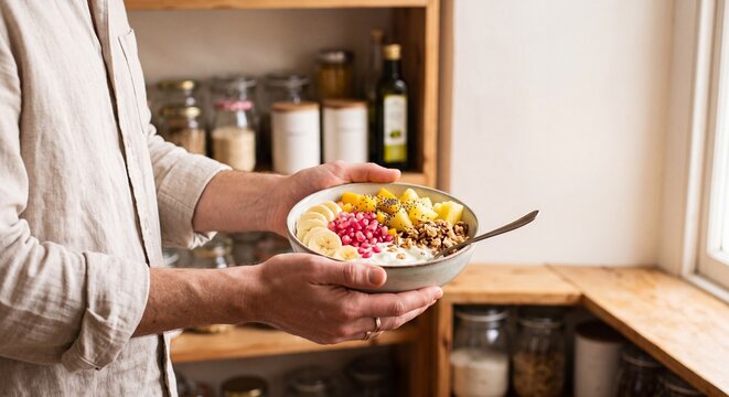 Person holding a healthy breakfast bowl with fruit and nuts in a rustic kitchen setting