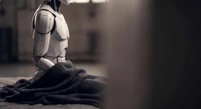 Humanoid robot sitting on a bed covered with a blanket in a dimly lit room