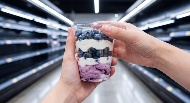Person holding a blueberry yogurt parfait cup in a grocery store aisle