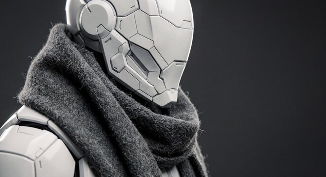 Futuristic cyborg wearing a grey scarf, sci-fi robot character in a cinematic portrait.