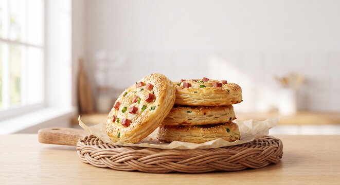 Stack of savory puff pastry mini pizzas on a wooden board in a bright kitchen setting.