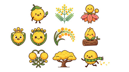 Fototapeta premium Yellow mimosa flower characters in whimsical poses and groupings.