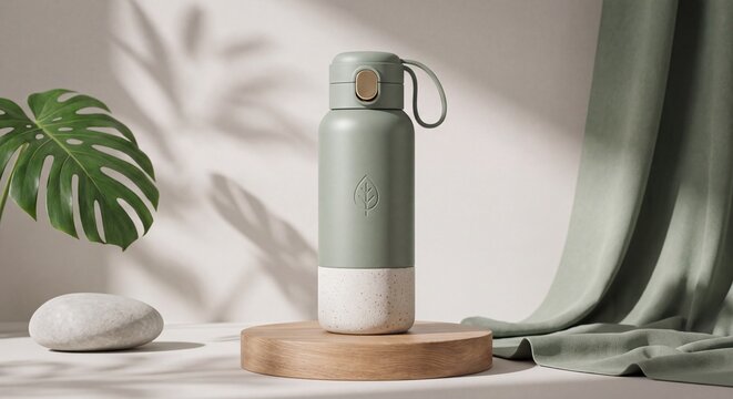 Sage green reusable water bottle on wooden stand with monstera leaf and soft fabric decor