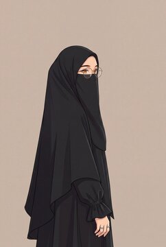 Young Muslim woman wearing black niqab and hijab, modest fashion portrait on beige background