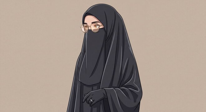Portrait of a young Muslim woman wearing a black niqab and glasses on a neutral background.