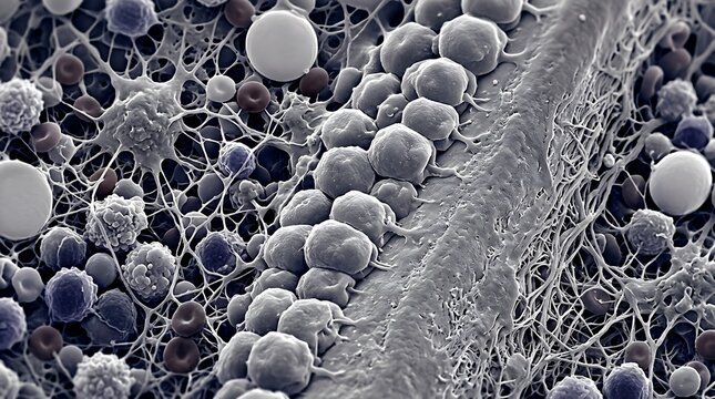 Microscopic view of blood cells and fibrin clot formation in human body