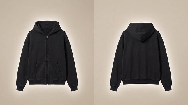Black zip up hoodie front and back view mockup with sweatshirt clothing template unbranded presentation