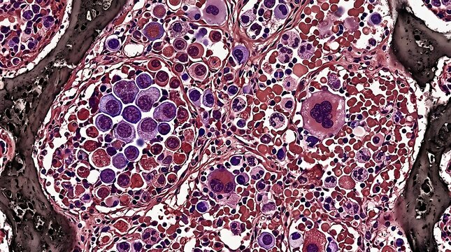 Microscopic view of human bone marrow tissue showing blood cell formation