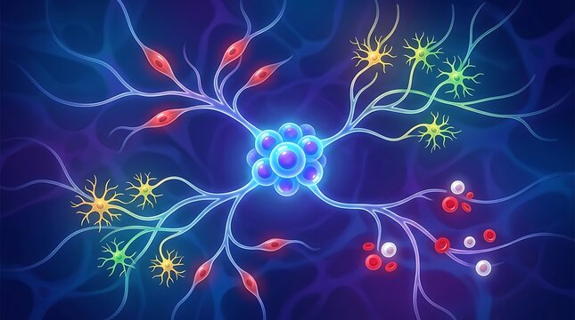 Neural network connection showing biological cells and receptors in science