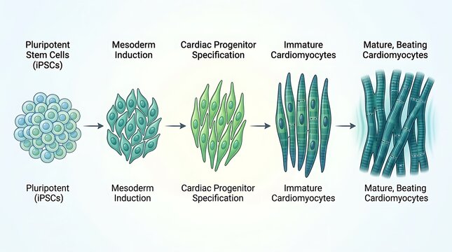 Scientific diagram showing the differentiation of stem cells into heart cells