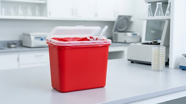 Red biohazard waste container on a laboratory bench for safe clinical disposal of contaminated materials.