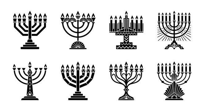 Hanukkah Menorah Collection, Festive Jewish Holiday Candelabras, 8 Vector Icons Set