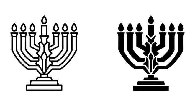 Menorah Vector Icons, Hanukkah Candlestick Symbols, Jewish Holiday Candle Holders, Outline and Silhouette