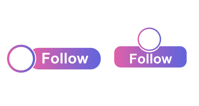 Instagram follow button UI icon with gradient pink purple rounded rectangle, white "Follow" text, circular profile placeholder overlapping button, social media interface element