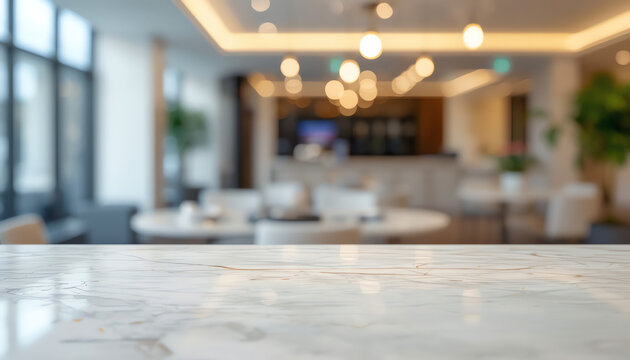 marble table top with blurred abstract cafe restaurant interior background 