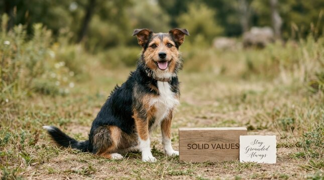 Happy scruffy dog sitting in a natural outdoor field beside a wooden block engraved with solid values and a motivational card for grounded living perfect for inspirational pet lifestyle themes