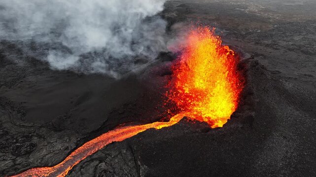 Active Volcano Eruption Lava Flowing From Crater Aerial View Iceland 4K