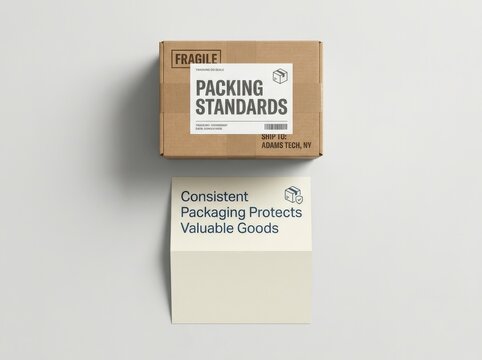 Professional shipping box with packing standards label and descriptive instruction card shows logistics quality control and careful handling of valuable goods for ecommerce delivery and