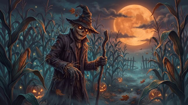 Terrifying scarecrow monster standing in a haunted cornfield under the full moon