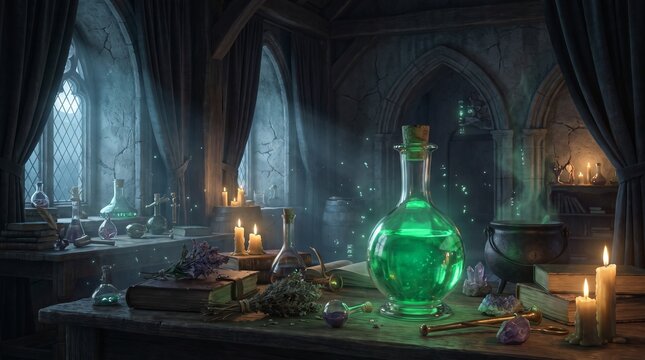 Mystical glowing green witch potion in a dark stone laboratory chamber