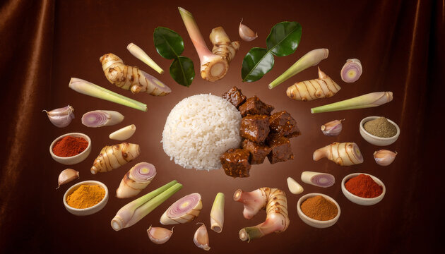 Dynamic Floating Food Concept with Rice, Gourmet Meats, Asian Curry Splash, and Flying Fresh Ingredients